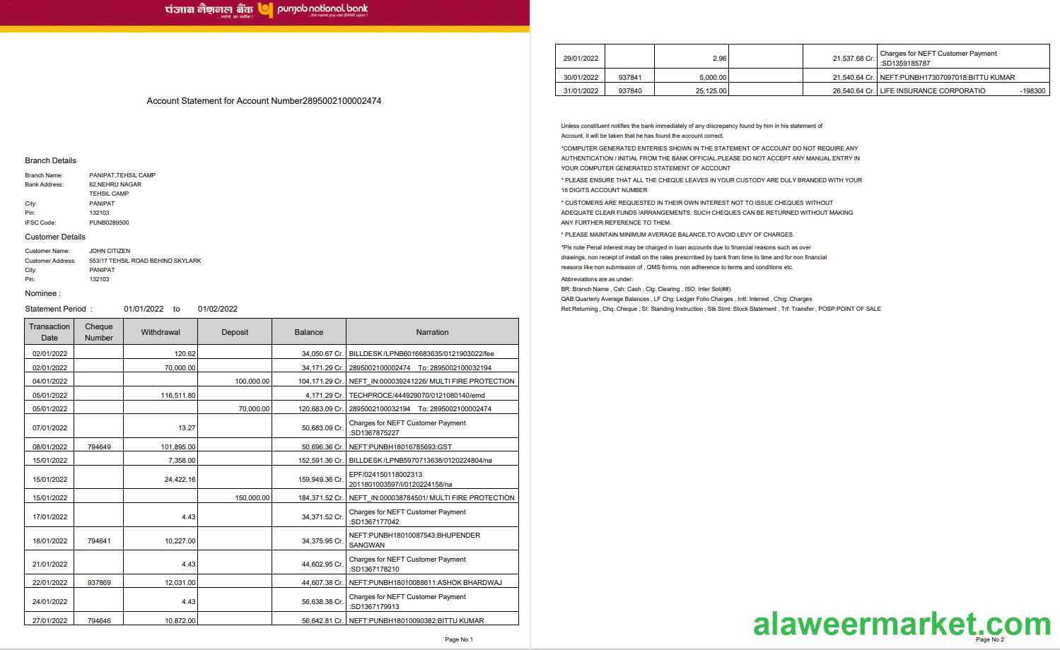 India Punjab National Bank statement Word and PDF template, 2 pages, version 2